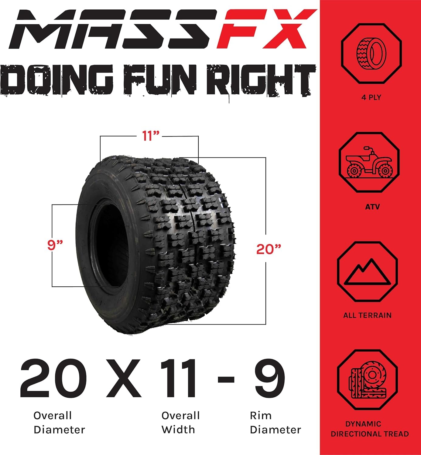 21X7-10 Front (2) & 20X11-9 Rear (2) Tire Set for Sport Quad All-Terrain (ATV), Utility-Task (UTV), and Side-By-Side (Sxs) Vehicles - 4-Ply 21X7X10; 20X11X9 (4-Pack)